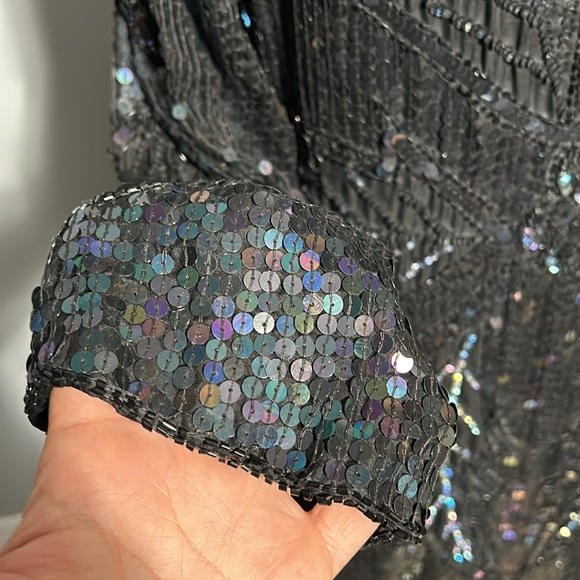 Vintage Silk Sequeen Black Midi Dress with Silk Lining w Slit Made in India M- L - Picture 11 of 17